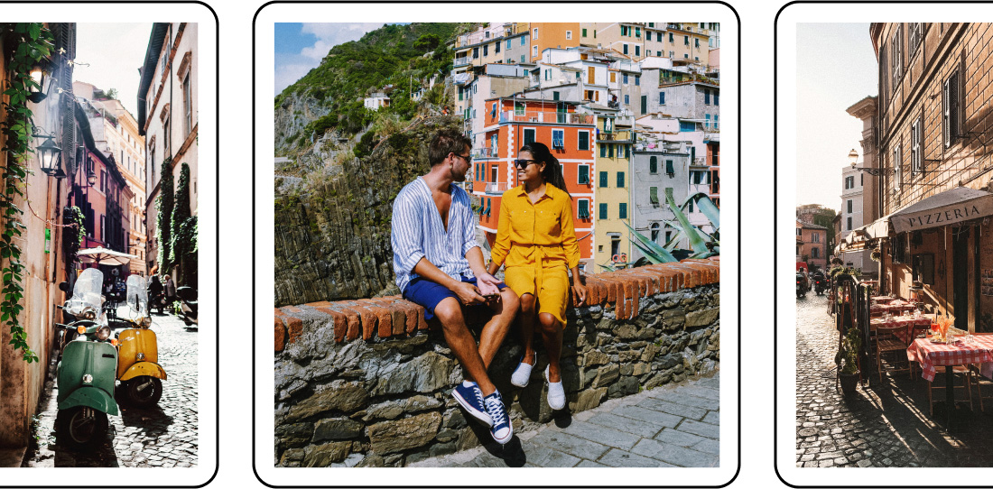 Image descriptions: A green and a yellow Vespa on a cobblestone street. Two people sitting on a brick wall overlooking colorful buildings. A cafe on a cobblestone street.